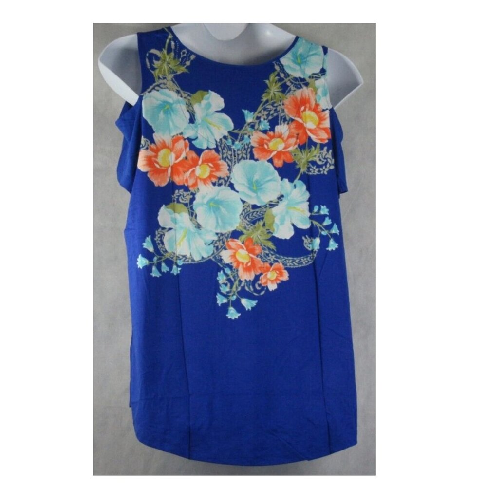 JM Collection Women's Plus Size Cold-Shoulder T-Shirt Top, Blue Multi Floral - Picture 2 of 3
